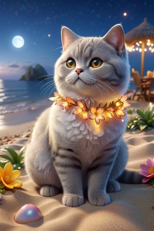 we see the DETAILED enchanted lovely terrace on the beach with great view to the sea night time, DETAILED ENCHANTED fluffy tiny FUNNY BRITISH SHORTHAIR CAT sitting on the beach next to an enchanted flower, airborne dust particles around. Modifiers: Unreal Engine, magical, Coby Whitmore, midjourney, Astounding, outstanding, otherwordliness, cute illustration, cuteaesthetic, Coby Whitmore style, highly intricate, whimsical, 4K 3D, stunning color depth, cute illustration, Coby Whitmore ART style

