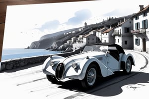  ((ultra ARTISTIC sketch)), (artistic sketch art), Make a 3d DETAILED old torn edge paper  a detailed Sketch on the paper about an Old village on the sea night time, nice view, a vintage Bugatti  T35 typ car on the road, a little coffee shop, Jean-Baptiste Monge, Kukharskiy Igor, Thomas wells schaller style, ghostly,scenery, Nazar Noschenko