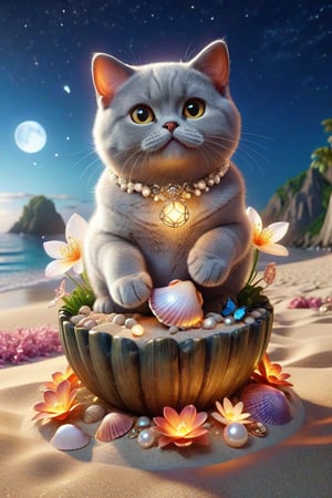 we see the DETAILED enchanted lovely terrace on the beach with great view to the sea night time, DETAILED ENCHANTED tiny FUNNY BRITISH SHORTHAIR CAT sitting on the beach next to an enchanted flower and a magical opened shell with pearl inside, airborne dust particles around. Modifiers: Unreal Engine, magical, Coby Whitmore, midjourney, Astounding, outstanding, otherwordliness, cute illustration, cuteaesthetic, Coby Whitmore style, highly intricate, whimsical, 4K 3D, stunning color depth, cute illustration, Coby Whitmore ART style

