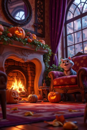 
A close-up picture of a cozy corner of a shabby-style magical living room, the living room every detail is decked out for Halloween night, features a large armchair next to a warm fireplace, a Halloween jack-o'-lantern next to the fireplace . A happy slim Cheshire cat sits in the chair. The room sparkles with Halloween decorations, and moonlight filters through the window, with the moon appearing from behind the snow clouds. A sleeping bat hangs from the mantelpiece, adding a playful Halloween charm to the warm, lighthearted atmosphere.