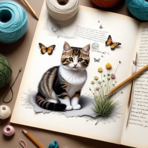 ((ultra realistic photo)), artistic sketch art, Make a little pencil sketch of a cute CAT on an old TORN EDGE paper , art, textures, pure perfection, high definition, feather around, TINY DELICATE FLOWERS, ball of yarn, cushion, grass fiber on the paper,tiny yarn fibers, Sunbeam, butterfly, tiny cat toys, detailed calligraphy texts, tiny delicate drawings