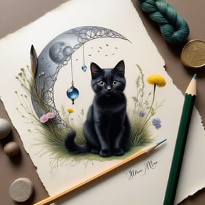 ((ultra realistic photo)), artistic sketch art, Make a little pencil sketch of a TINY BLACK CAT on an old TORN EDGE paper , art, textures, pure perfection, high definition, feather around, DELICATE FLOWERS, ball of yarn, COIN, grass fiber on the paper, LITTLE MOON, MOONLIGHT, TINY MUSHROOM, SPIDERWEB, GEM, MOSS FIBER , TINY BROOM, DELICATE CELTIC ORNAMENT, BUNCH OF KEYS, detailed calligraphy text, tiny delicate drawings