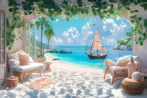 Make a 3d DETAILED little terrace, sunshade, great amazing view to the Riviera beach,white sand beach ,palm trees, sailing ship on the ocean, scattered blankets here and there, tiny delicate sea-shell, tiny delicate starfish, sea ,very detailed amazing view to the Riviera beach, DETAILED LANDSCAPE, COLORFUL, .The highly detailed landscape, reminiscent of Jean-Jacques Sempé's whimsical illustrations from Petit Nicolas comes to life in magical deep vibrant realistic colors.