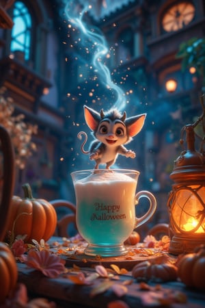 
A close-up picture of a levitate above a glass cup is a tiny miniature, adorable creature with big ears, fluffy fur, and two little horns, resembling a devil in the sweetest way. Its forked tail curls playfully, and its short legs just touch the surface of the drink, which is transparent like milk smog, with a azure blue-tinged mist swirling high above it. Beside the glass, a decorative miniature Halloween pumpkin lantern glows softly on the Halloween decorated table, casting a warm light on the creature and the cup and adding a festive, magical atmosphere to the scene.  the cup labelled with the text "Happy Halloween!" The open air is filled with dust particles that twinkles in the starry moonlight, creating a magical ambiance. The creature’s fur is exquisitely detailed, and its playful nature is evident as it seems captivated . The overall scene is whimsical, serene, and full of enchantment.