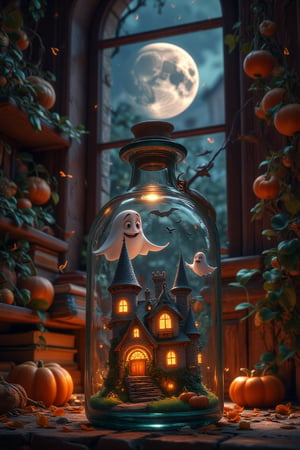 Moonlight filters through the air, illuminating a fireplace shelf covered in dusty books. The dust particles shimmer in the light, adding a magical glow to the scene. In the middle of the shelf, a small bottle reveals a miniature world: a little castle with softly glowing windows, night time, sitting on a green lawn. A pumpkin lantern rests on the steps, and the moon rises above the castle Halloween ghostly night time inside the bottle,  and a transparent little funny spirit float, swings inside the bottle, completing the whimsical, enchanted scene.
