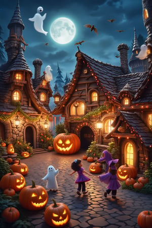 The village of Grinch is seen from a detailed, fun perspective, completely transformed with a Halloween twist. The whimsical crooked houses are decorated with smiling jack-o’-lanterns, friendly ghosts, and vibrant Halloween streamers. The cobblestone streets are lined with glowing pumpkins, and a giant, smiling pumpkin sits in the village square. The village is alive with festive Halloween cheer, and kids dressed in costumes run around with excitement.  with bats and cute ghosts playfully moving through the air, making the scene fun, colorful, and inviting. The atmosphere is filled with laughter and lighthearted Halloween spirit.