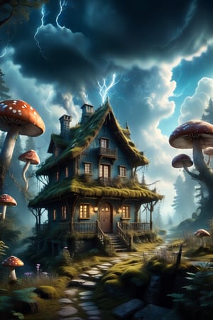 CLOUDS AND THUNDER above a little cottage  on  the dark forest path,  trees and moss AROUND and little dotted mushrooms , Jean-Baptiste Monge, Kukharskiy Igor, Thomas wells schaller style, ghostly scenery, Nazar Noschenko Modifiers: dof trending on cgsociety steampunk fantastic view ultra detailed 4K 3D whimsical Storybook beautiful, etheral Quirky Exquisite highly intricate stunning color depth disorderly outstanding cute illustration cuteaesthetic Boris Vallejo style shadow play The mood is Mysterious and Spellbinding, with a sense of otherworldliness,  macro photography style LEONARDO DIFFUSION XL STYLE vintage
