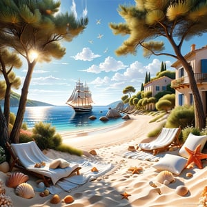 A serene NIzza beach scene unfolds before us. Little apartman house with terrace. Soft white sand stretches beneath the gentle sway of trees, while a family plays and laughs together and sunbathe. In the distance, a majestic sailing ship glides across the calm sea, its sails billowing in the breeze. Blankets scatter the shore, topped with tiny treasures: delicate sea-shells and starfish. The highly detailed landscape, reminiscent of Jean-Jacques Sempé's whimsical illustrations from Petit Nicolas, comes to life in PASTEL SHADES.,3D, score_9_up,3d toon style,realistic,LegendDarkFantasy