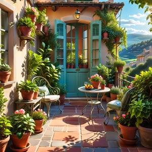a miniature scene of a magical PROVENCE BALCONY with many potted plants and chairs, plants and terrace, summer morning light, beautiful terrace, garden at home, summer EVENING light, brilliant EVENING light, afternoon light, afternoon sun, garden environment, cozy place, lush flowers outdoors, afternoon light, ivy, bonsai, roses, table, stool,