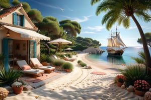 A serene NIzza beach scene unfolds before us. Little apartman house with terrace. Soft white sand stretches beneath the gentle sway of trees, while a family plays and laughs together and sunbathe. In the distance, a majestic sailing ship glides across the calm sea, its sails billowing in the breeze. Blankets scatter the shore, topped with tiny treasures: delicate sea-shells and starfish. The highly detailed landscape, reminiscent of Jean-Jacques Sempé's whimsical illustrations from Petit Nicolas, comes to life in PASTEL SHADES.,3D