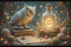 ((ultra realistic photo)), artistic sketch art, Make a little pencil sketch of a cute LITTLE snow-owl on an old TORN EDGE paper , art, textures, pure perfection, high definition, feather around, TINY DELICATE FLOWERS, wild berries, ball of yarn, cushion, pillow on the paper, detailed calligraphy texts, TINY delicate drawings, tiny delicate signature .The bottle’s glow casts a magical aura over the scene, creating an atmosphere of forgotten spells, ancient magic, and hidden secrets. fireflies around the bottle. The bottle labelled with the text "save the planet"! SOME Tiny, vibrant flower and moss encircle the letter. The overall scene is tranquil yet mystical, with nature reclaiming the old magical relic. The overall scene is whimsical, serene, and full of enchantment.. A magical scene filled with a fairy-tale, mystical Christmas atmosphere