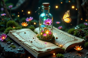 A translucent glass potion bottle filled with shimmering, magical little colorful garden with beautiful various tiny flowers, sitting on top of an antique opened beautiful letter with it's pages beautifully handwritten with anchient scripts, fireflies around the bottle. SOME Tiny, vibrant flower and moss encircle the letter, some of them glowing softly in the dim light. One beautiful unearthly aglow tropical butterfly sitting on the letter. The bottle’s glow casts a magical aura over the scene, creating an atmosphere of forgotten spells, ancient magic, and hidden secrets. The overall scene is tranquil yet mystical, with nature reclaiming the old magical relic. The overall scene is whimsical, serene, and full of enchantment.