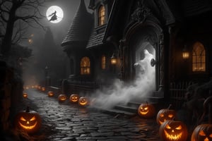 In a Tim Burton-style scene, a cobblestone road lined with orange-glowing pumpkin lanterns leads to a dark horror house. The house features a gothic front door with a pointed arch and a large, twisted handle. One of the door's wings is open, and milky mist flows out, turning into a ghostly figure as it pours out of the entrance. The entire scene is bathed in a black-and-white palette, except for the pumpkin lanterns, which glow vividly orange, under a haunting moonlit twilight. A witch on a broomstick flies gracefully above.