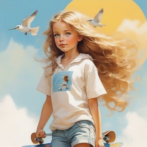 long haired CUTE 11 year old (BLUE EYED girl in WHITE SKATEBOARDING CLOTHES) walking in the spring time beach with a cute puppy, little birds on the sky. Modifiers: Bob peak ART STYLE, Coby Whitmore ART style, fashion magazine illustration,