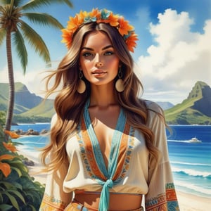 young girl , lazy long hair style, beautiful eyes, long legs, Bora-bora tropical sunny  bay (full body shot, '60s hippie style outfit).Modifiers:modern colorful illustration style VINTAGE fashion illustration, by Coby Whitmore, Haddon Sundblom, VINTAGE 1960s hippie boho fashion illustration, whimsical style, intricately textured and detailed, Pomological Watercolor, depth of field, ultra quality ,ink art, transparent fading , shadow play, high colour contrast,watercolor,HZ Steampunk
