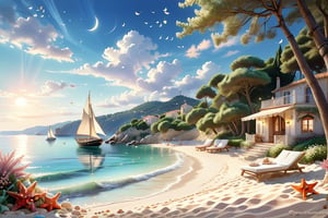 A serene NIzza beach scene unfolds before us. Little apartman house with terrace. Soft white sand stretches beneath the gentle sway of trees, while a family plays and laughs together and sunbathe. In the distance, a majestic sailing ship glides across the calm sea, its sails billowing in the breeze. Blankets scatter the shore, topped with tiny treasures: delicate sea-shells and starfish. The highly detailed landscape, reminiscent of Jean-Jacques Sempé's whimsical illustrations from Petit Nicolas, comes to life in PASTEL SHADES.,3D, score_9_up,3d toon style,realistic,LegendDarkFantasy,Movie Poster,DonM3lv3nM4g1cXL,DonMW15pXL,DonMD0n7P4n1cXL,island