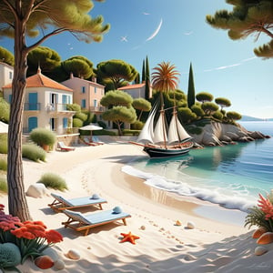 A serene NIzza beach scene unfolds before us. Little apartman house with terrace. Soft white sand stretches beneath the gentle sway of trees, while a family plays and laughs together and sunbathe. In the distance, a majestic sailing ship glides across the calm sea, its sails billowing in the breeze. Blankets scatter the shore, topped with tiny treasures: delicate sea-shells and starfish. The highly detailed landscape, reminiscent of Jean-Jacques Sempé's whimsical illustrations from Petit Nicolas, comes to life in PASTEL SHADES.,3D, score_9_up,3d toon style,realistic,LegendDarkFantasy,Movie Poster,DonM3lv3nM4g1cXL,DonMW15pXL,DonMD0n7P4n1cXL