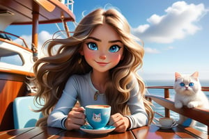 tall skinny lovely explorer woman, long shiny hair, wide-blue eyes, cute face, little smile, sitting with cup of coffee in front of a lovely surfer deck, great view to the lovely beautiful Los angeles sea shore., little sailing ship , great blue sky with ruffled little white clouds, one cute persian cat with the girl. the atmosphere of chaotic fun!, style Donna Gelsing