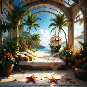 ((ultra realistic photo)), a cute disordered shabby ragged style pirate porch on the white sand, dusty worn-out walls,spiderwebs on the wall, scattered white blanket on the sofa, creased white rug, shabby bean-bed, little treasure chest as table, huge window, great amazing view to the south pacific lagoon, , detailed beach , scattered blankets here and there, tiny delicate sea-shell, little delicate starfish, sea ,(very detailed amazing view to the tropical lagoon, SEA SHORE, PALM TREES, sailing ship, DETAILED LANDSCAPE, COLORFUL) (GOLDEN HOUR LIGHTING),Tim Burton Style