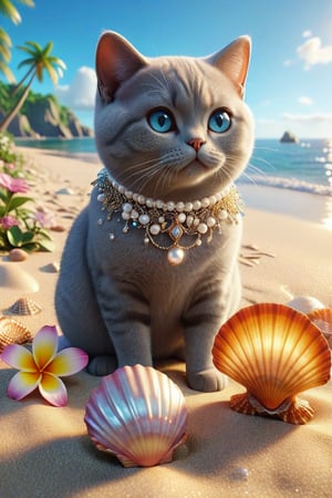 we see the DETAILED enchanted lovely terrace on the beach with great view to the sea night time, DETAILED ENCHANTED tiny FUNNY BRITISH SHORTHAIR CAT sitting on the beach next to an enchanted flower and a magical opened shell with pearl inside, airborne dust particles around. Modifiers: Unreal Engine, magical, Coby Whitmore, midjourney, Astounding, outstanding, otherwordliness, cute illustration, cuteaesthetic, Coby Whitmore style, highly intricate, whimsical, 4K 3D, stunning color depth, cute illustration, Coby Whitmore ART style

