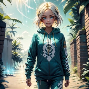 graffiti spray image on the brick wall about 1girl, solo, bob hair, blond hair, short hair, CUTE teenager BLUE EYED girl, boyish teenager body, little eyes, hair over shoulder, blonde hair, smile, (wearing a white, baggy hooded sweatshirt and baggy trouser) walking on the beach, blue sky. 