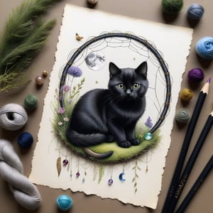 ((ultra realistic photo)), artistic sketch art, Make a little pencil sketch of a cute BLACK CAT on an old TORN EDGE paper , art, textures, pure perfection, high definition, feather around, DELICATE FLOWERS, ball of yarn, TALISMAN, grass fiber on the paper, LITTLE MOON, MOONLIGHT, TINY MUSHROOM, SPIDERWEB, GEM, MOSS FIBER ,DELICATE CELTIC ORNAMENT, BUNCH OF KEYS, detailed calligraphy text, tiny delicate drawings