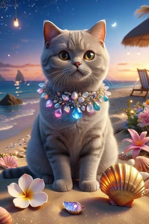 we see the DETAILED enchanted lovely terrace on the beach with great view to the sea night time, DETAILED ENCHANTED fluffy tiny FUNNY BRITISH SHORTHAIR CAT sitting on the beach next to an enchanted flower and a magical opened shell, airborne dust particles around. Modifiers: Unreal Engine, magical, Coby Whitmore, midjourney, Astounding, outstanding, otherwordliness, cute illustration, cuteaesthetic, Coby Whitmore style, highly intricate, whimsical, 4K 3D, stunning color depth, cute illustration, Coby Whitmore ART style

