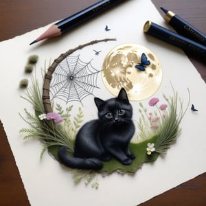 ((ultra realistic photo)), artistic sketch art, Make a little pencil sketch of a TINY BLACK CAT on an old TORN EDGE paper , art, textures, pure perfection, high definition, feather around, DELICATE FLOWERS, ball of yarn, COIN, grass fiber on the paper, LITTLE MOON, MOONLIGHT, TINY MUSHROOM, SPIDERWEB, GEM, MOSS FIBER , TINY BROOM, DELICATE CELTIC ORNAMENT, BUNCH OF KEYS, detailed calligraphy text, tiny delicate drawings