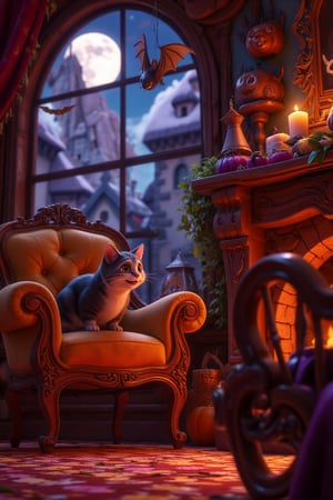 
A close-up picture of a  cozy corner of a shabby-style magical spirited living room, the living room every detaile decked out for Halloween night, features a large armchair next to a warm fireplace. A cute tabby Cheshire cat sits in the chair, watching us. The room sparkles with Halloween decorations, and moonlight filters through the window, with the moon appearing from behind passing clouds. A sleeping bat hangs from the mantelpiece, adding a playful Halloween charm to the warm, lighthearted atmosphere.