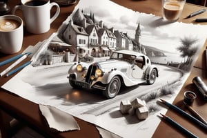  ((ultra ARTISTIC sketch)), (artistic sketch art), Make a 3d DETAILED old torn edge paper on the desk, a detailed Sketch on the paper about an Old village on the sea midnight time, nice view, a vintage Bugatti  T35 typ car on the road, a little coffee shop, Jean-Baptiste Monge, Kukharskiy Igor, Thomas wells schaller style, ghostly,scenery, Nazar Noschenko