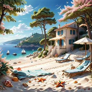 A serene NIzza beach scene unfolds before us. Little apartman house with terrace. Soft white sand stretches beneath the gentle sway of trees, while a family plays and laughs together and sunbathe. In the distance, a majestic sailing ship glides across the calm sea, its sails billowing in the breeze. Blankets scatter the shore, topped with tiny treasures: delicate sea-shells and starfish. The highly detailed landscape, reminiscent of Jean-Jacques Sempé's whimsical illustrations from Petit Nicolas, comes to life in PASTEL SHADES.,3D, score_9_up,3d toon style,realistic,LegendDarkFantasy,Movie Poster,DonM3lv3nM4g1cXL,DonMW15pXL,DonMD0n7P4n1cXL,island