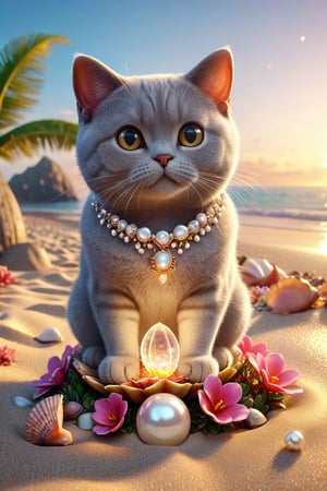 we see the DETAILED enchanted lovely terrace on the beach with great view to the sea night time, DETAILED ENCHANTED tiny FUNNY BRITISH SHORTHAIR CAT sitting on the beach next to an enchanted flower and a magical opened shell with pearl inside, airborne dust particles around. Modifiers: Unreal Engine, magical, Coby Whitmore, midjourney, Astounding, outstanding, otherwordliness, cute illustration, cuteaesthetic, Coby Whitmore style, highly intricate, whimsical, 4K 3D, stunning color depth, cute illustration, Coby Whitmore ART style

