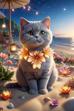 we see the DETAILED enchanted lovely terrace on the beach with great view to the sea night time, DETAILED ENCHANTED fluffy tiny FUNNY BRITISH SHORTHAIR CAT sitting on the beach next to an enchanted flower, airborne dust particles around. Modifiers: Unreal Engine, magical, Coby Whitmore, midjourney, Astounding, outstanding, otherwordliness, cute illustration, cuteaesthetic, Coby Whitmore style, highly intricate, whimsical, 4K 3D, stunning color depth, cute illustration, Coby Whitmore ART style

