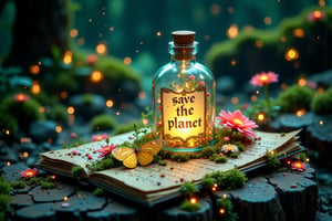 A translucent glass potion bottle filled with shimmering, magical little colorful garden with beautiful various tiny flowers, sitting on top of an antique opened beautiful letter with it's pages beautifully handwritten with anchient scripts, fireflies around the bottle. The bottle labelled with the text "save the planEt"! SOME Tiny, vibrant flower and moss encircle the letter, some of them glowing softly in the dim light. One beautiful unearthly aglow tropical butterfly sitting on the letter. The bottle’s glow casts a magical aura over the scene, creating an atmosphere of forgotten spells, ancient magic, and hidden secrets. The overall scene is tranquil yet mystical, with nature reclaiming the old magical relic. The overall scene is whimsical, serene, and full of enchantment.