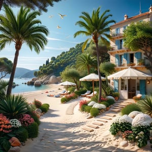 A serene NIzza beach scene unfolds before us. Little apartman house with terrace. Soft white sand stretches beneath the gentle sway of trees, while a family plays and laughs together and sunbathe. In the distance, a majestic sailing ship glides across the calm sea, its sails billowing in the breeze. Blankets scatter the shore, topped with tiny treasures: delicate sea-shells and starfish. The highly detailed landscape, reminiscent of Jean-Jacques Sempé's whimsical illustrations from Petit Nicolas, comes to life in PASTEL SHADES.