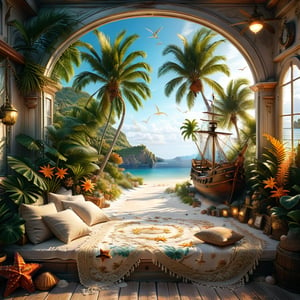 ((ultra realistic photo)), a cute disordered shabby ragged style pirate balcony on the white sand, dusty worn-out walls,spiderwebs on the wall, scattered white blanket on the sofa, creased white rug, shabby bean-bed, little treasure chest as table, huge window, great amazing view to the south pacific lagoon, , detailed beach , scattered blankets here and there, tiny delicate sea-shell, little delicate starfish, sea ,(very detailed amazing view to the tropical lagoon, SEA SHORE, PALM TREES, sailing ship, DETAILED LANDSCAPE, COLORFUL) (GOLDEN HOUR LIGHTING),Tim Burton Style