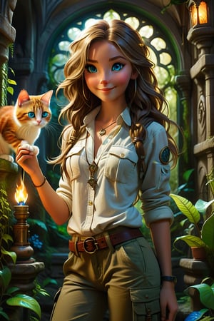 tall skinny explorer woman standig in loose cargo pants khaki boots and loose shirt, long shiny hair, piercing lovely blue eyes, lovely face, perky smile, exploring the Ghotical magical astonishing enchanted detailed underground temple with a torch, Holding a cat in her hand. anchient detailed paintings , lush green lianas and Gothic window on the wall, one cute cat with the explorer.,