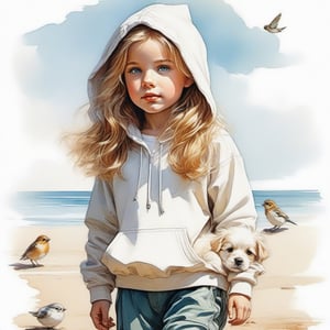 long haired CUTE 9 year old BLUE EYED girl (wearing a white, baggy hooded sweatshirt and baggy trouser) walking in the spring time beach with a cute puppy, little birds on the sky. Modifiers: Bob peak ART STYLE, Coby Whitmore ART style, George Booth ART STYLE, fashion magazine illustration