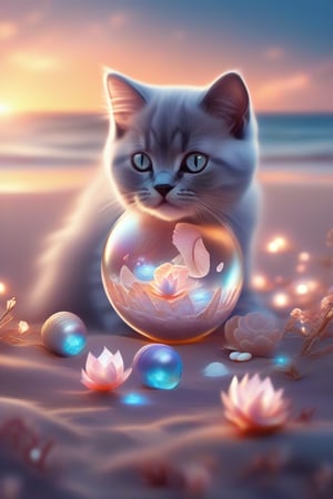 we see the DETAILED enchanted lovely terrace on the beach with great view to the sea night time, DETAILED ELEGANT BRITISH SHORTHAIR kitten playing with a ball on the beach next to an enchanted flower and a magical opened shell with pearl inside, airborne dust particles around. Modifiers: Unreal Engine, magical, Coby Whitmore, midjourney, Astounding, outstanding, otherwordliness, cute illustration, cuteaesthetic, Coby Whitmore style, highly intricate, whimsical, 4K 3D, stunning color depth, cute illustration, Coby Whitmore ART style