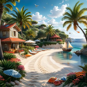 A serene Riviera beach scene unfolds before us. Little apartman house with terrace. Soft white sand stretches beneath the gentle sway of  trees, while a family plays and laughs together and sunbathe. In the distance, a majestic sailing ship glides across the calm sea, its sails billowing in the breeze. Blankets scatter the shore, topped with tiny treasures: delicate sea-shells and starfish. The highly detailed landscape, reminiscent of Jean-Jacques Sempé's whimsical illustrations from Petit Nicolas, comes to life in vibrant colors.