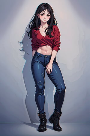 18 year old girl, Black wavy hair, Dark brown eyes, small smile, Ripped blue jeans, Loose wine red shirt, flat chest, wide hips, sculptural legs, standing, side view, sexy position