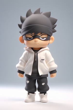 Full body, 3d artwork,  super cute boy, Gojo Satoru_Jujutsu kaisen, black brown eyes, pop mart toys,  front view, super detail, blind box, T pose,Cute male anime character with black blindfold on, in a jacket with a Beanie curly black hair half teeshirt ripped jeanscyberpunk 2077 poster art, unreal engine, cozy indoor lighting, artstation, best quality, 3d icon clay render, blender, OC renderer, full body reference sheet, dribble, high detailed, 8k, studio lighting, 3D rendering, Nintendo trendy, best details, higdefinition, high resolution,cute cartoon 
