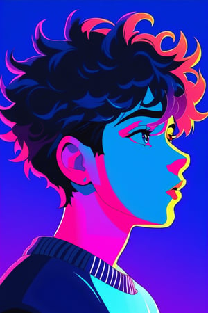 shadow flat vector art, illustrator, anime , realistic ,sketch , 1boy, ,lip, Sweater,order, Blue gradient background, Neon hair, curly hair,Textured crop