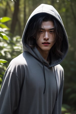 The messy long-haired boy wears a shawl and hood, fascinating, extraordinary feeling, beautiful natural background close-up, zoom details 4k, he is walking in the forest, handsome Chinese man