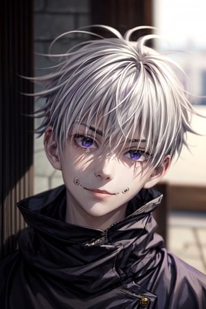 1boy 100% male_focus , solo , spiked_hair , frown , closed_mouth , purple_eyes , white _hair , looking_at_viewer ,side  face , blurry_background , v-shaped_eyebrows , close-up , bangs,fushiguro megumi, smile 