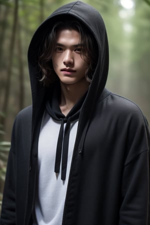 The messy long-haired boy wears a black shawl and hood, fascinating, extraordinary feeling, beautiful natural background close-up, zoom details 4k, he is walking in the forest, handsome Chinese man