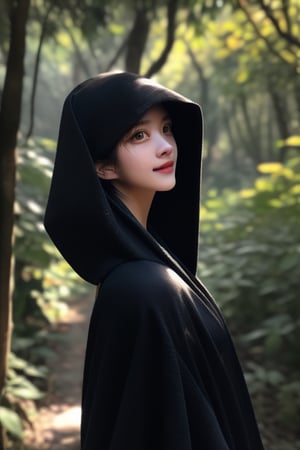 The messy long-haired boy wears a black shawl and hood, fascinating, extraordinary feeling, beautiful natural background close-up, zoom details 4k, he is walking in the forest, handsome Chinese man