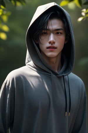 The messy long-haired boy wears a shawl and hood, fascinating, extraordinary feeling, beautiful natural background close-up, zoom details 4k, he is walking in the forest, handsome Chinese man