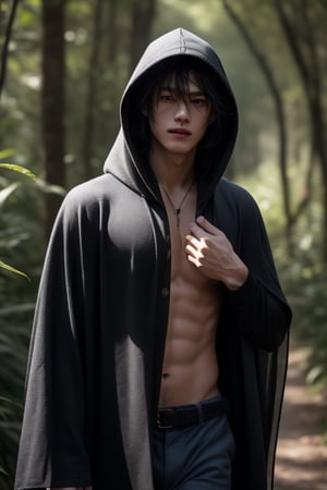 The messy long-haired boy wears a black shawl and hood, fascinating, extraordinary feeling, beautiful natural background close-up, zoom details 4k, he is walking in the forest, handsome Chinese man