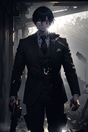 (extremely detailed wounded, perfect lighting,intricate details),highly deatiled, war background, 1man,  face is obscured by shadow, firearm in his injured hand, wearing a three_piece suit, long exposure,HD, painted,  best quality, masterpiece, highres, absurdres, incredibly absurdres, huge filesize, wallpaper, colorful,8K,RAW photo ,more detail XL, boody clothes, injured, limping,